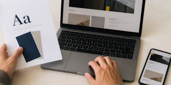 Person working on a laptop with a color swatch sheet.