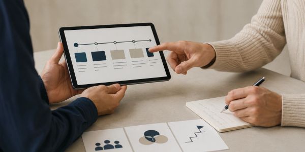 Two people discussing a workflow on a tablet.