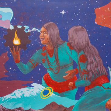 Two women in turquoise with red accents under a starry sky, one holding a cogwheel with fire.