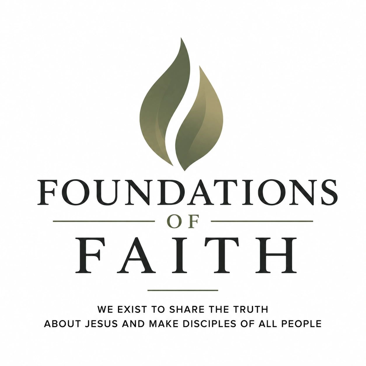 Logo for Foundations of Faith with a flame symbol and mission statement.