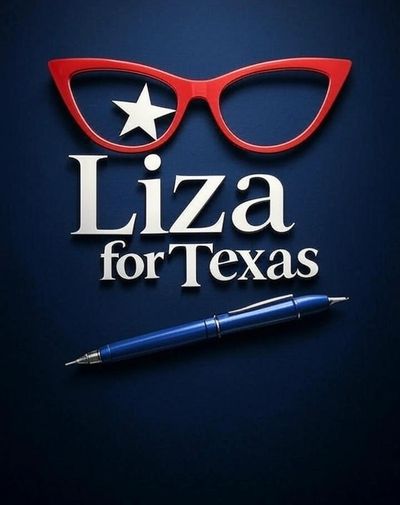 Campaign logo with red glasses, Texas star, and blue pen for Liza.