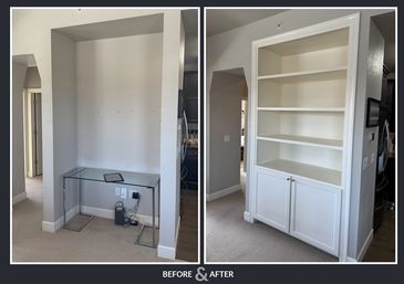 custom built-in cabinet with shelves, before and after