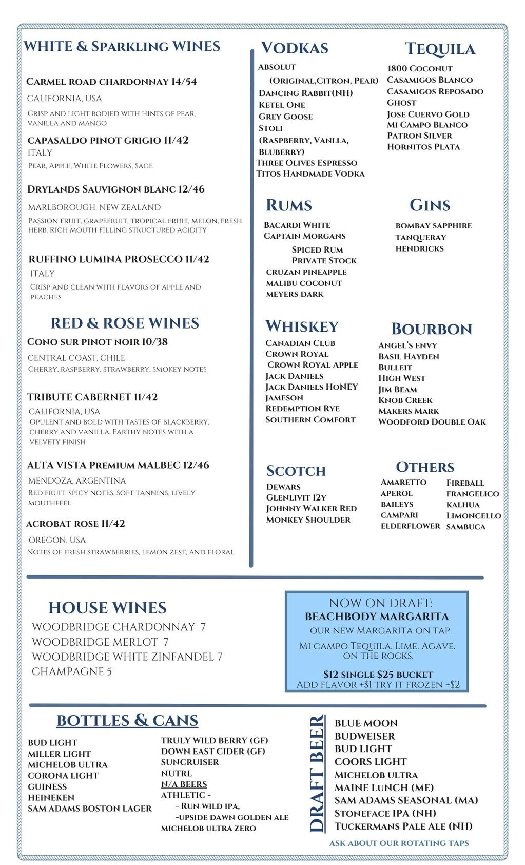 A detailed drink menu featuring wines, vodkas, tequilas, rums, gins, whiskeys, bourbons, and more.