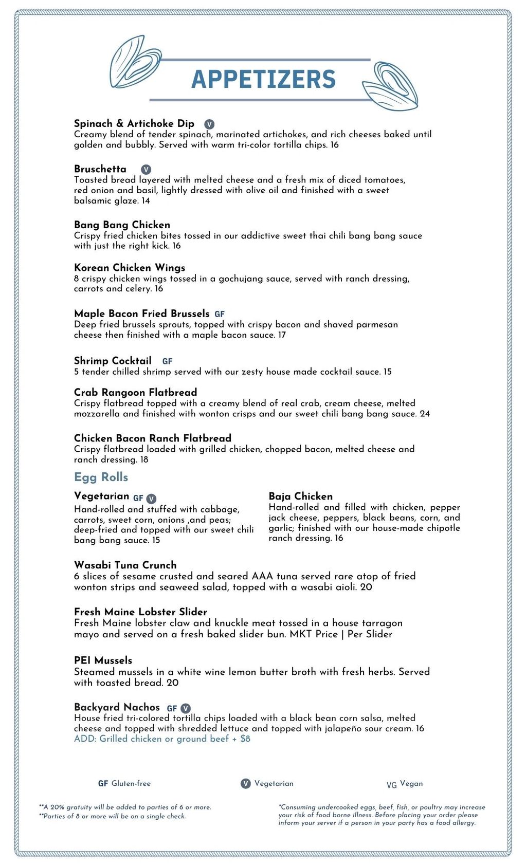 Appetizers menu featuring dips, chicken wings, flatbreads, egg rolls, seafood, and nachos.