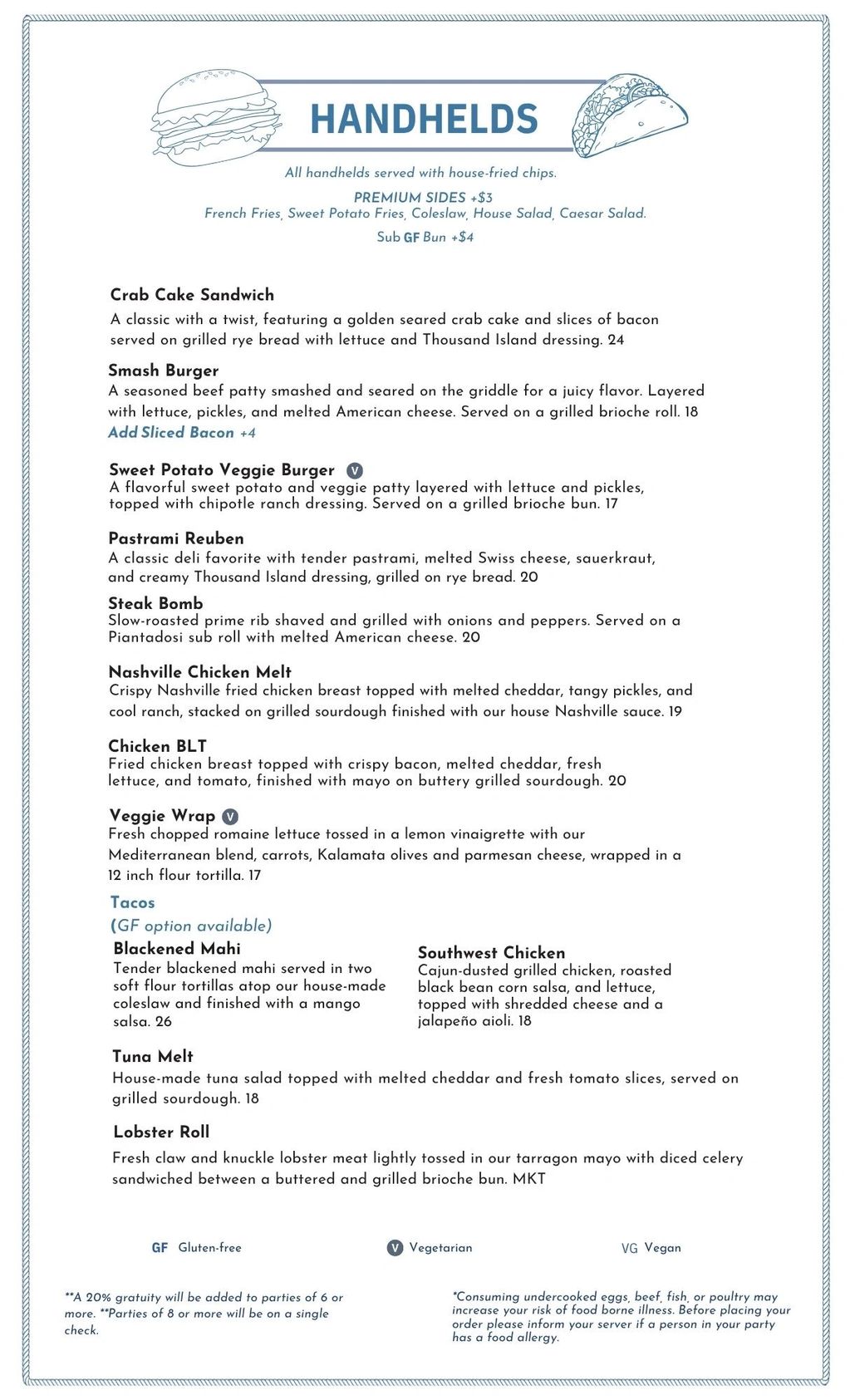 Menu of handheld sandwiches and tacos with various meat and vegetarian options.