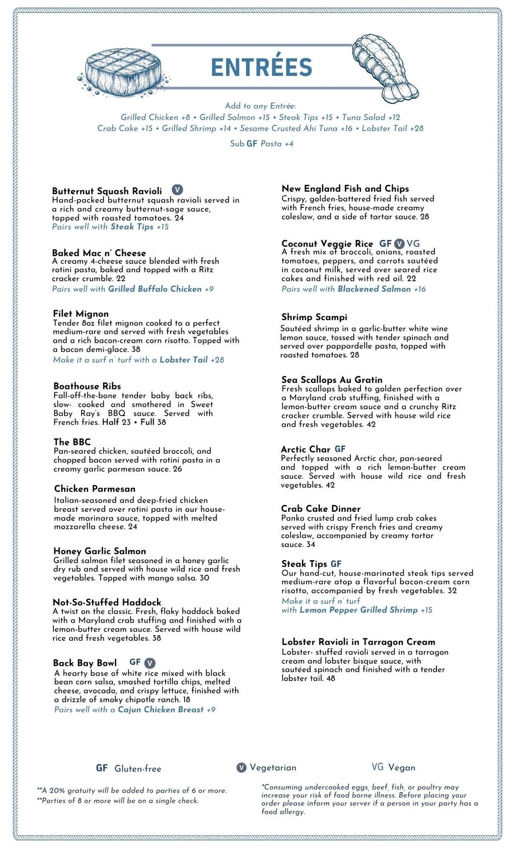 Menu listing various entrées including seafood, pasta, and meat dishes with gluten-free and vegetarian options.