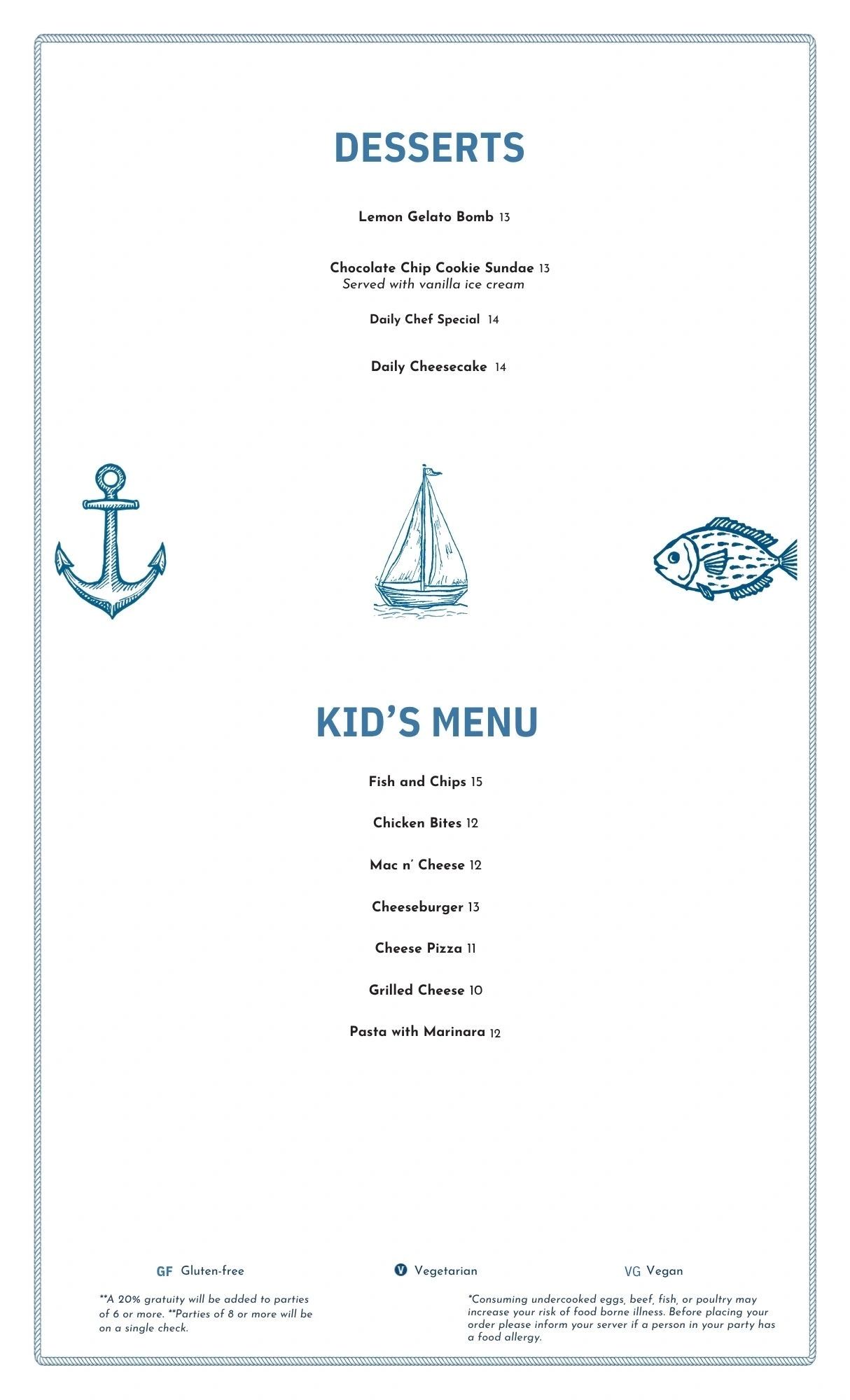 Desserts and kid's menu with nautical illustrations and prices.