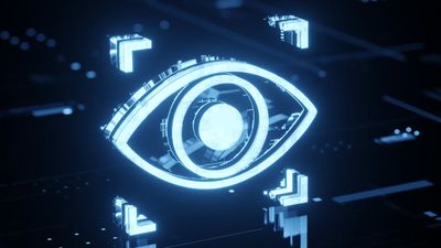 Glowing digital eye icon on a futuristic dark circuit board.
