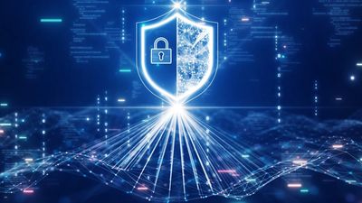 Digital shield with a lock symbolizing cybersecurity protection.