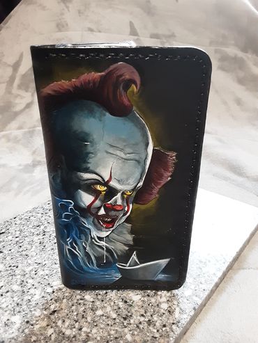 Leather Phone case-hand painted and hand tooled. IT theme, Horror, Pennywise