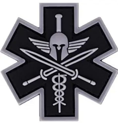 Black emblem with a Spartan helmet, crossed swords, and medical symbol.