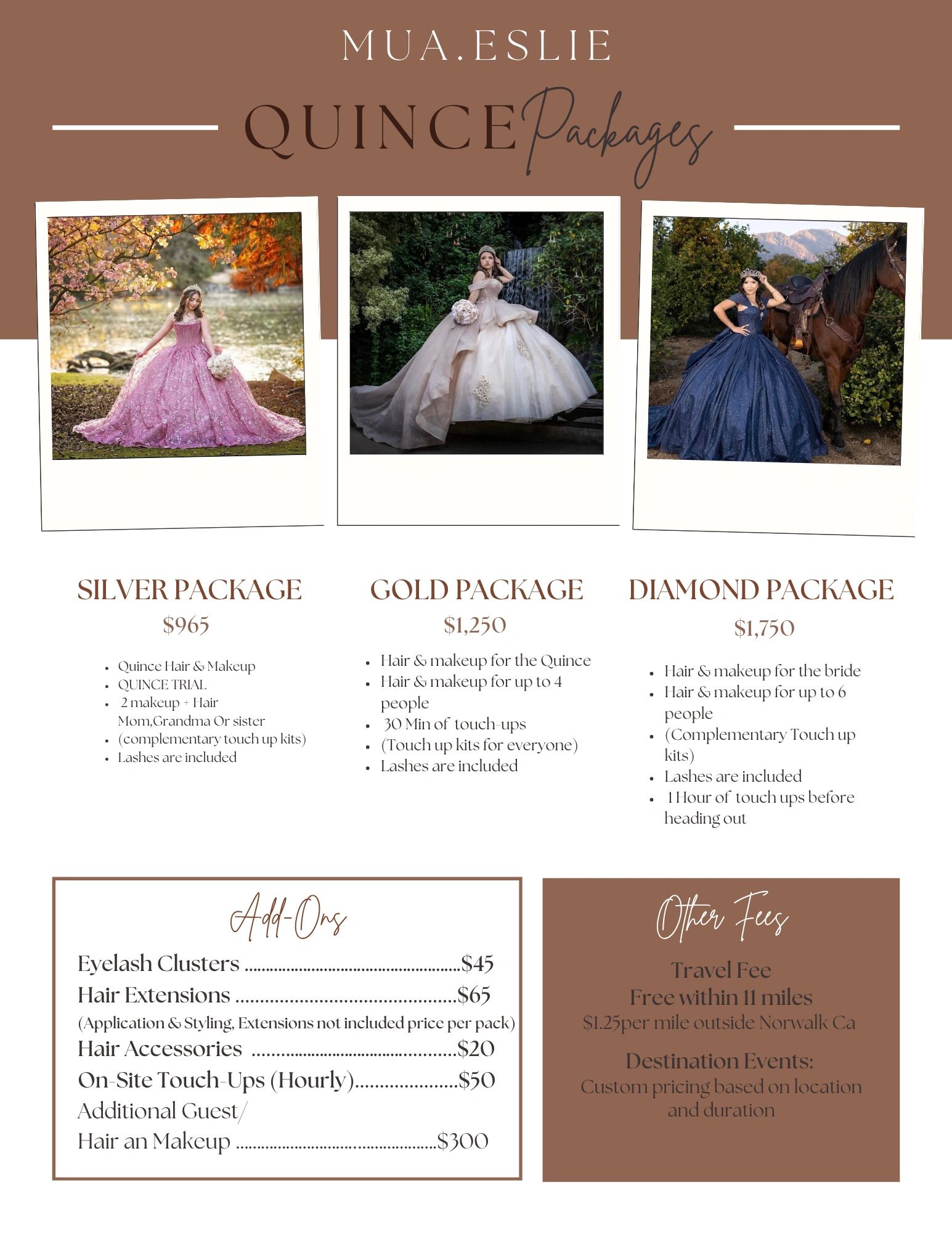 Quinceañera makeup packages with Silver, Gold, and Diamond options, plus add-ons and travel fees.