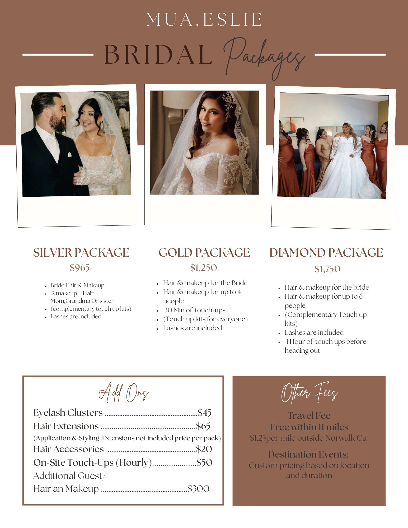 Bridal makeup packages with pricing and services by MUA.Eslie.