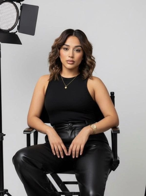 Woman in black outfit sitting on a director's chair in a studio.