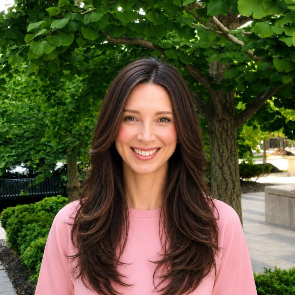 Smiling woman with long brown hair outdoors in a park setting.