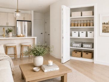 Cozy, organized kitchen and living area with neutral tones and natural materials.