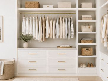Organized neutral-toned clothes and accessories in a stylish white closet.