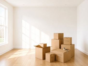 Stack of moving boxes in an empty, sunlit room with wooden floor.