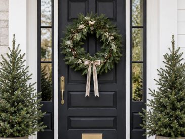 Elegant green wreath with a bow on a black front door flanked by two potted evergreen trees.
