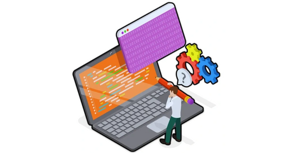 A person debugging code on a laptop with coding windows and gears symbolizing software development.
