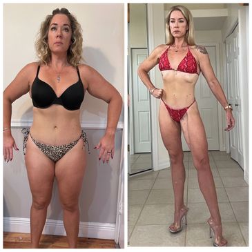 Before and after fitness transformation showing significant weight loss and muscle toning.