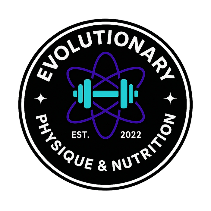 Logo of Evolutionary Physique & Nutrition featuring a dumbbell and atomic design.