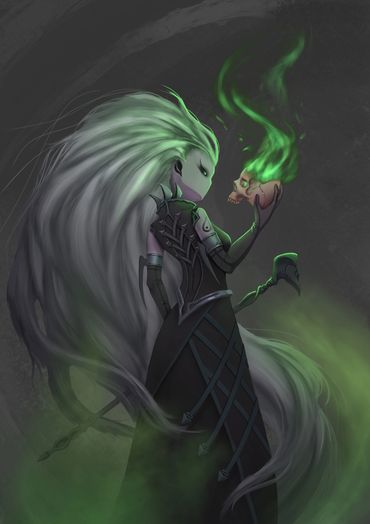 Witch holding skull with green flames.