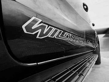 Close-up of a black vehicle with 'WILDTRAK' branding on its side.