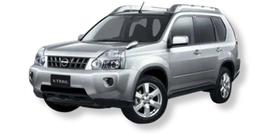 Silver Nissan X-Trail SUV with roof rails, isolated on white background.