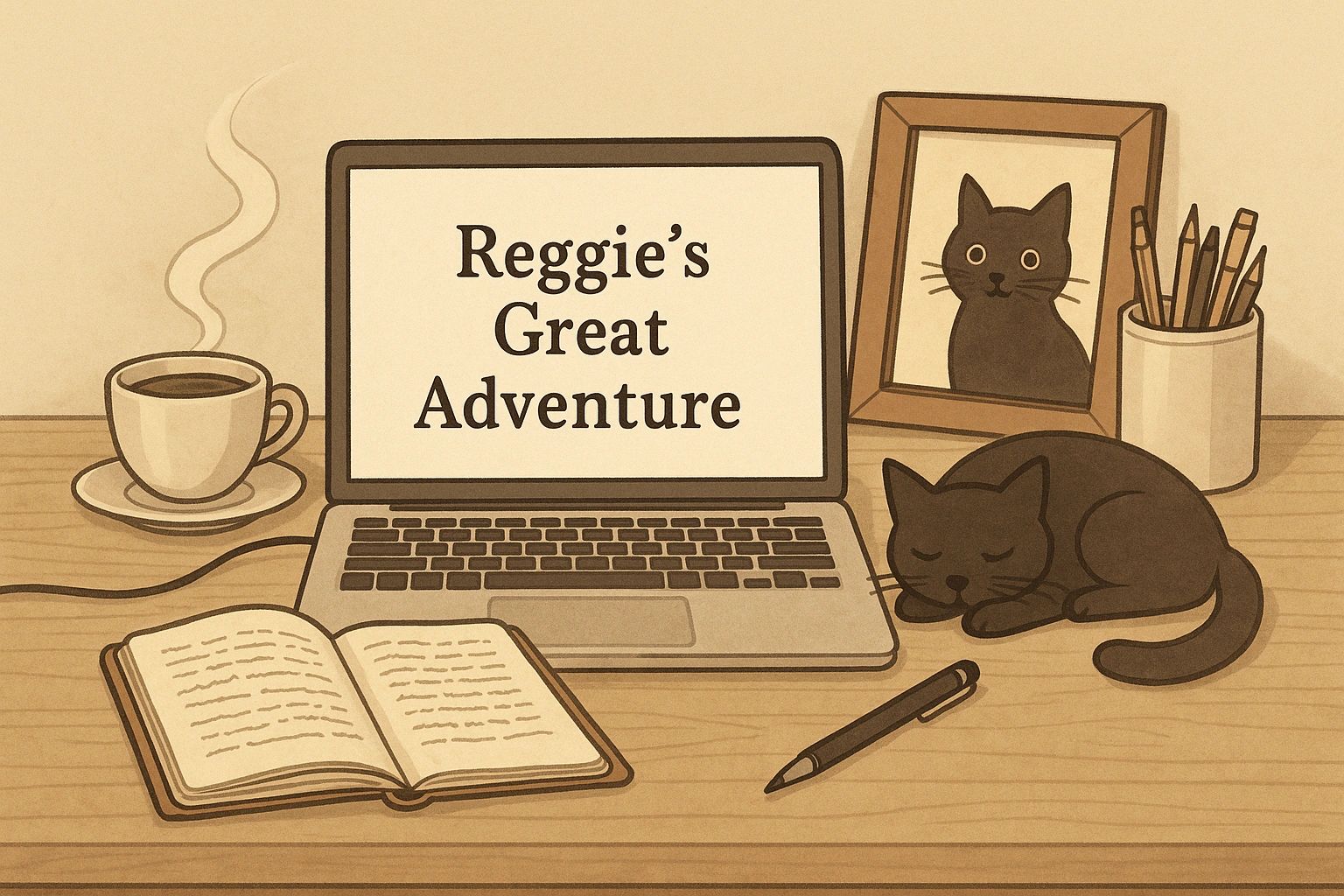 Writer's corner - "Reggie's Great Adventure" desk, coffee, computer, pencils and sleeping black cat.