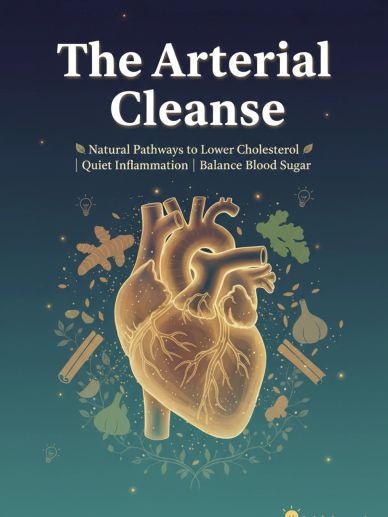 Illustration of a glowing heart with natural elements promoting arterial health.