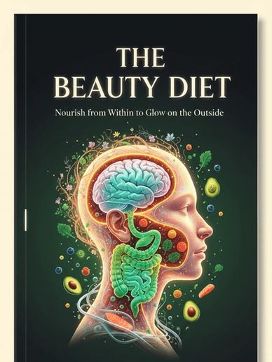Book cover titled 'The Beauty Diet' with a glowing human profile showing brain and digestive system.