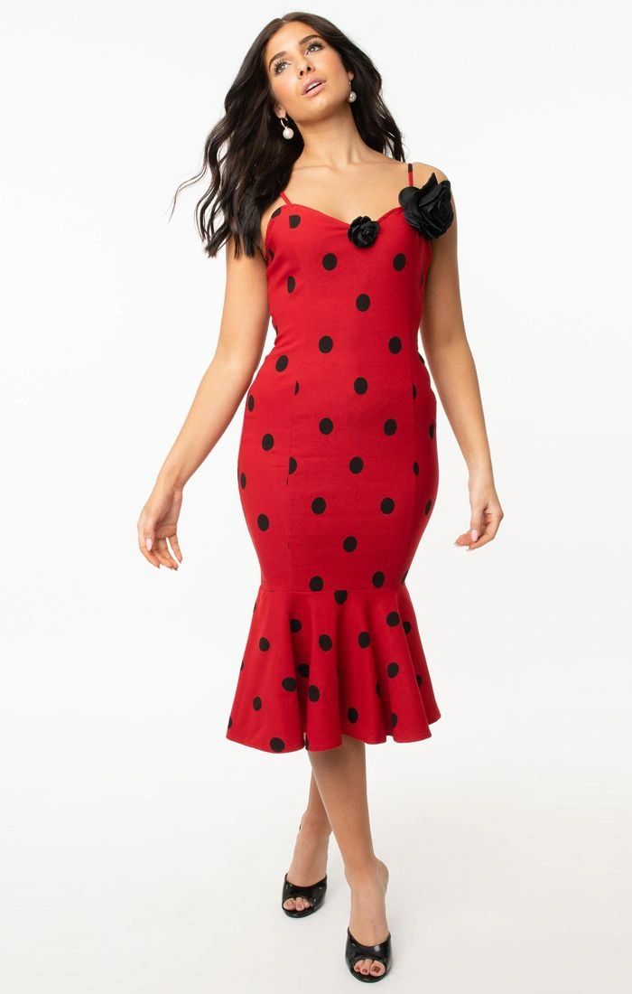 Grease x Unique Vintage Red and Black Polka Dot Rizzo Dress