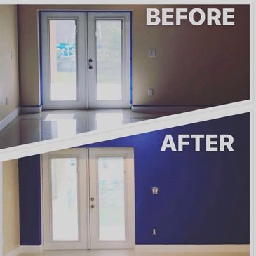 Before and after images showing a wall painted from beige to dark blue around white double doors.
