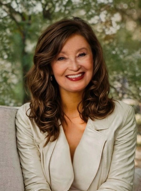Smiling woman with curly hair in a white jacket.