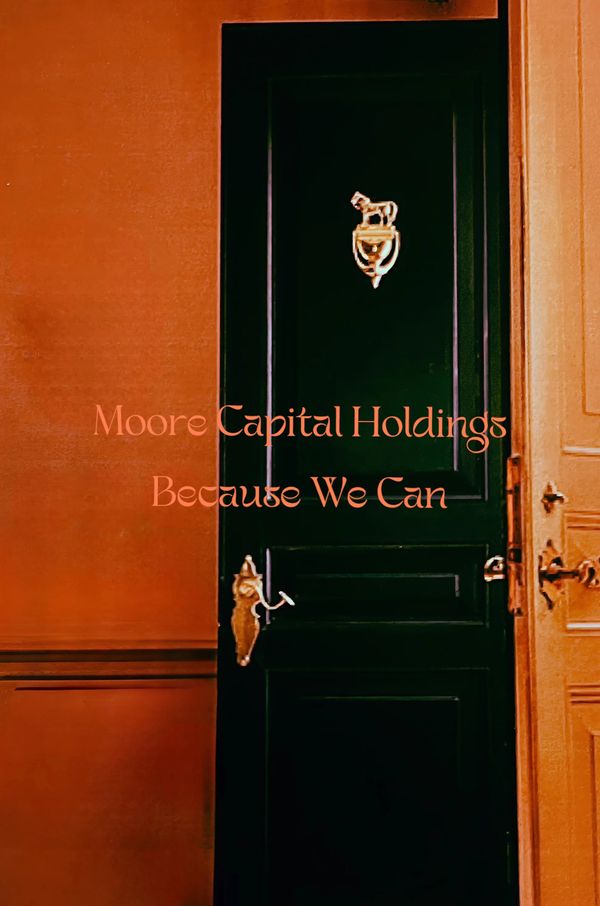 Open black door with golden knocker and text overlay about Moore Capital Holdings.