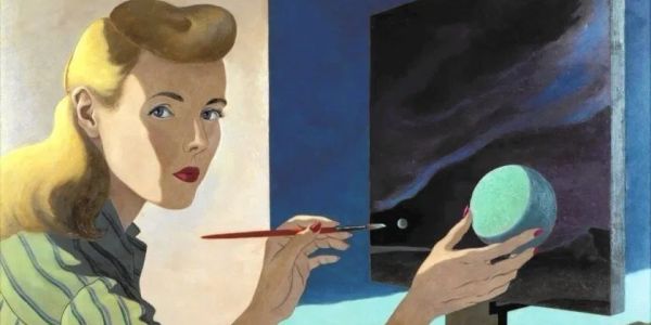 A woman painting a celestial scene inside a room.