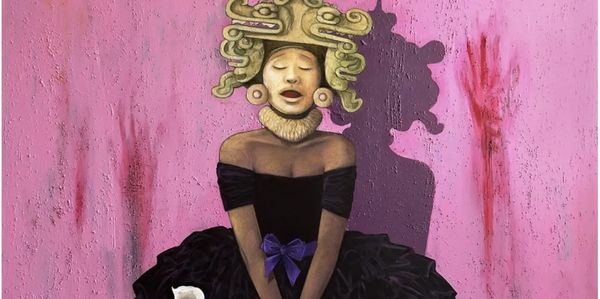 Girl with ancient headdress and black dress on pink wall.