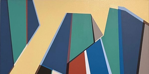 Abstract geometric shapes with blue, green, and beige tones.