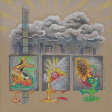 A rain storm cleanses the big city, it's soul revitalized. Color pencil on pastel paper.