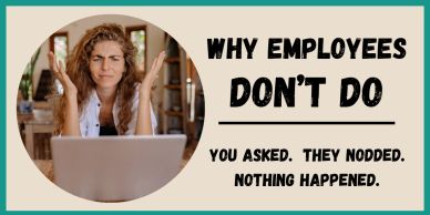 Frustrated woman at laptop questioning why employees don't act despite acknowledgment.