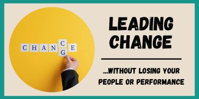 Hand rearranging letter tiles to form 'Change' with the phrase 'Leading Change' beside it.