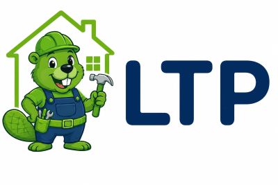 Mascot beaver in construction gear next to LTP letters.