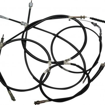 A tangled set of black cables with metal connectors.