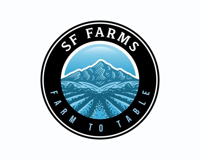 SF Farms logo with mountain and farm fields, slogan Farm to Table.