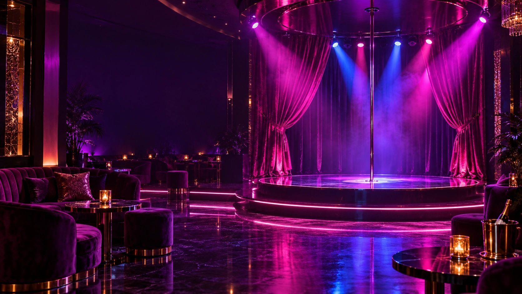 AI-created illustration of a nightclub stage with a pole and vibrant pink, violet and blue lighting