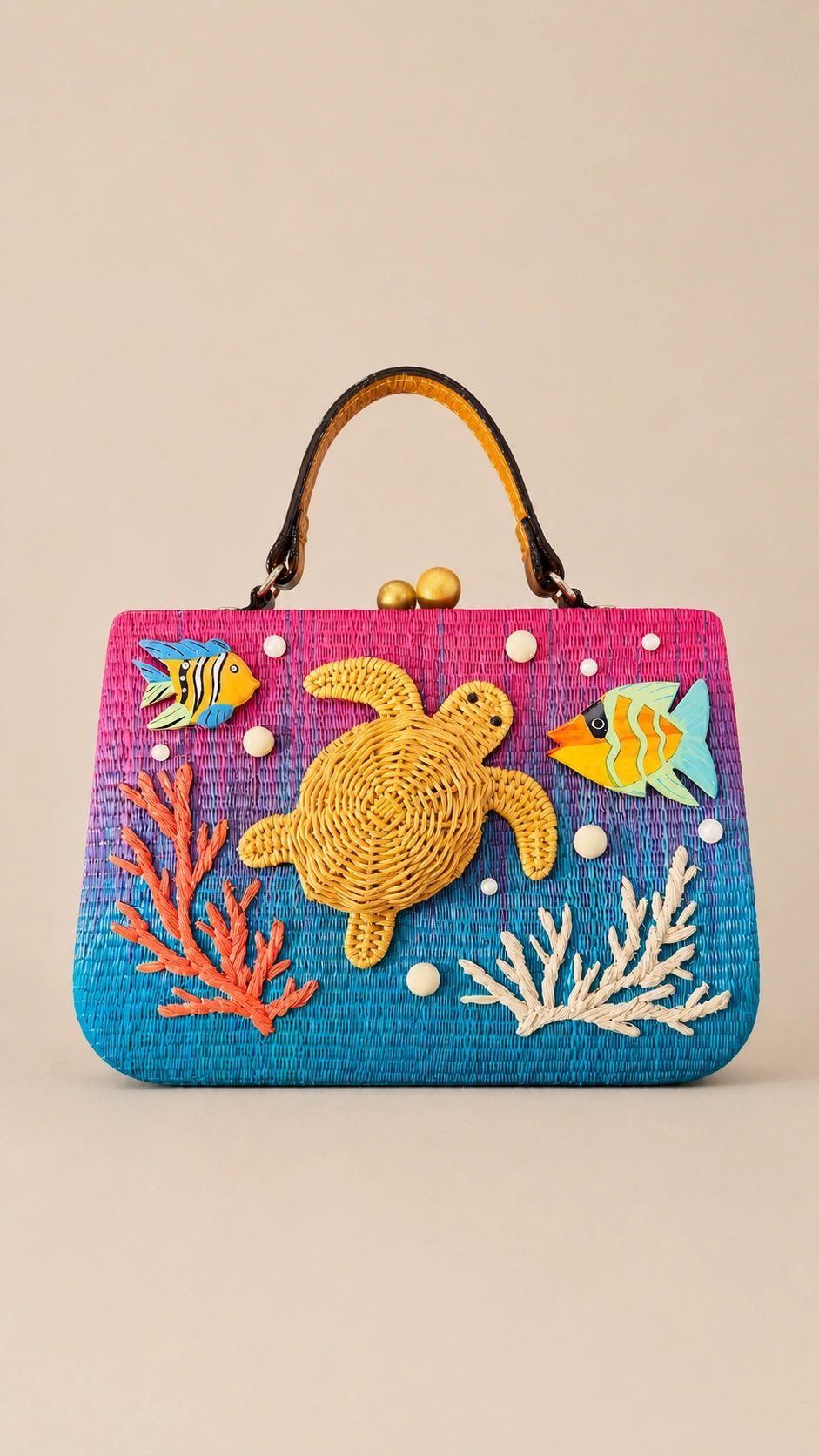 Colorful wicker handbag with sea-themed decorations.