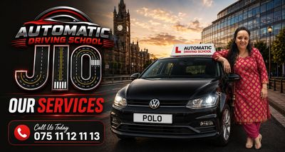 Driving school advertisement with instructor and car in city setting.