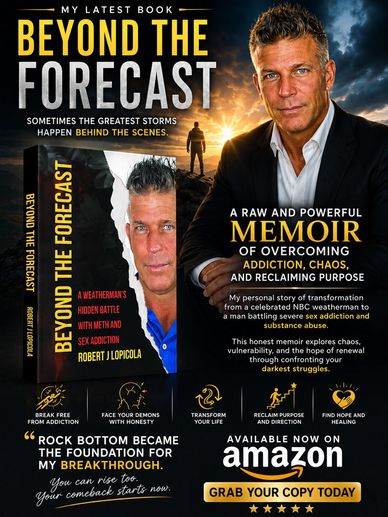 Book cover for 'Beyond The Forecast,' a memoir by Robert J. LoPiccola on addiction and recovery.
