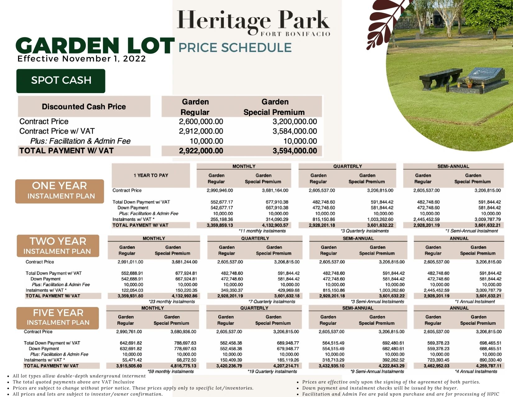 Heritage Park Memorial Lots: garden lot price list